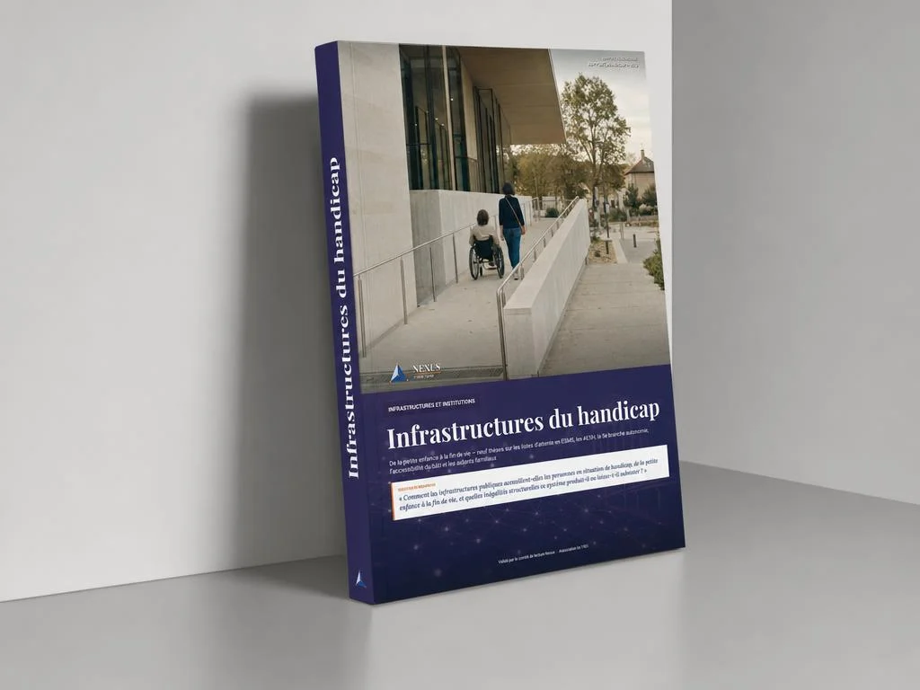 Maquette du rapport Nexus « Infrastructures du handicap », livre broché posé debout dans un studio gris